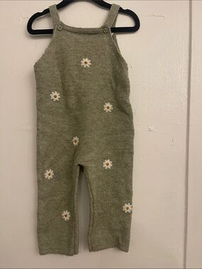 Zara Olive Green Knit Overalls with Daisy Embroidery